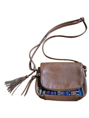 EUC Artisanal Style Tan Crossbody Leather Bag with Multi-Color Fabric Trim